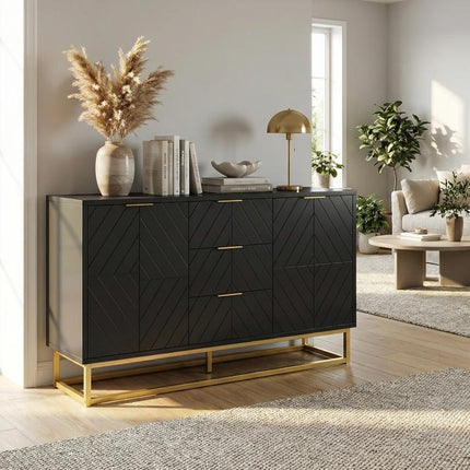 Hide Clutter in Style – Black Sideboard with 3 Drawers & Shelves