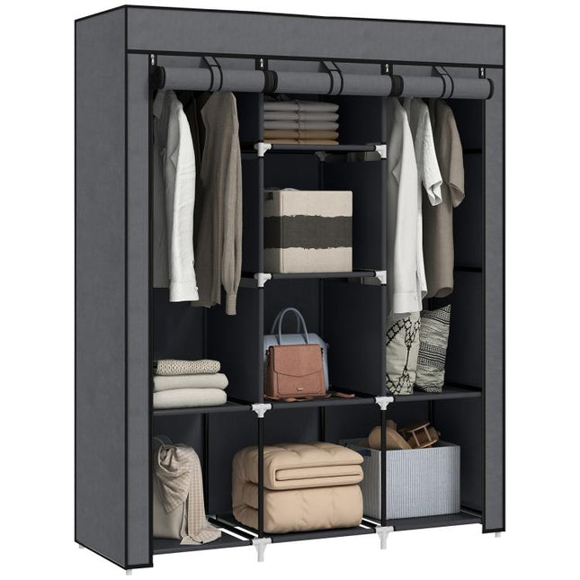Fabric Wardrobe, with Rails and Shelves - Dark Grey