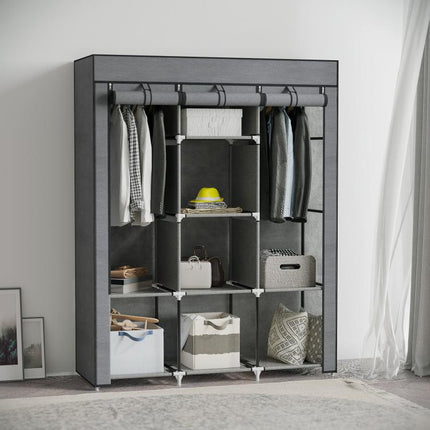 Fabric Wardrobe, with Rails and Shelves - Dark Grey