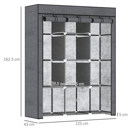 Fabric Wardrobe, with Rails and Shelves - Dark Grey