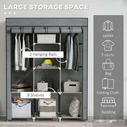 Fabric Wardrobe, with Rails and Shelves - Dark Grey