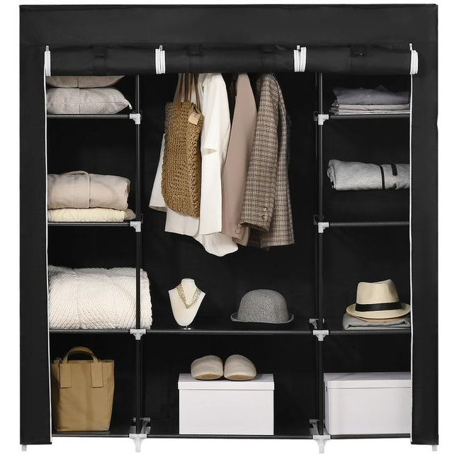 Portable Wardrobe, Foldable Fabric Wardrobe, 150 x 43 x 162.5cm, Clothes Storage Organiser with Hanging Rail, Shelves, Fabric Cover for Bedroom, Black