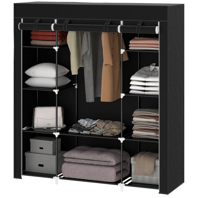 Portable Wardrobe, Foldable Fabric Wardrobe, 150 x 43 x 162.5cm, Clothes Storage Organiser with Hanging Rail, Shelves, Fabric Cover for Bedroom, Black