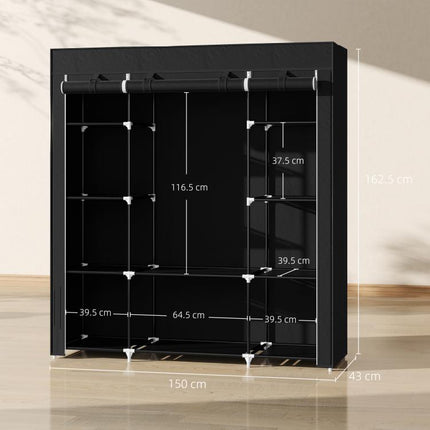 Portable Wardrobe, Foldable Fabric Wardrobe, 150 x 43 x 162.5cm, Clothes Storage Organiser with Hanging Rail, Shelves, Fabric Cover for Bedroom, Black