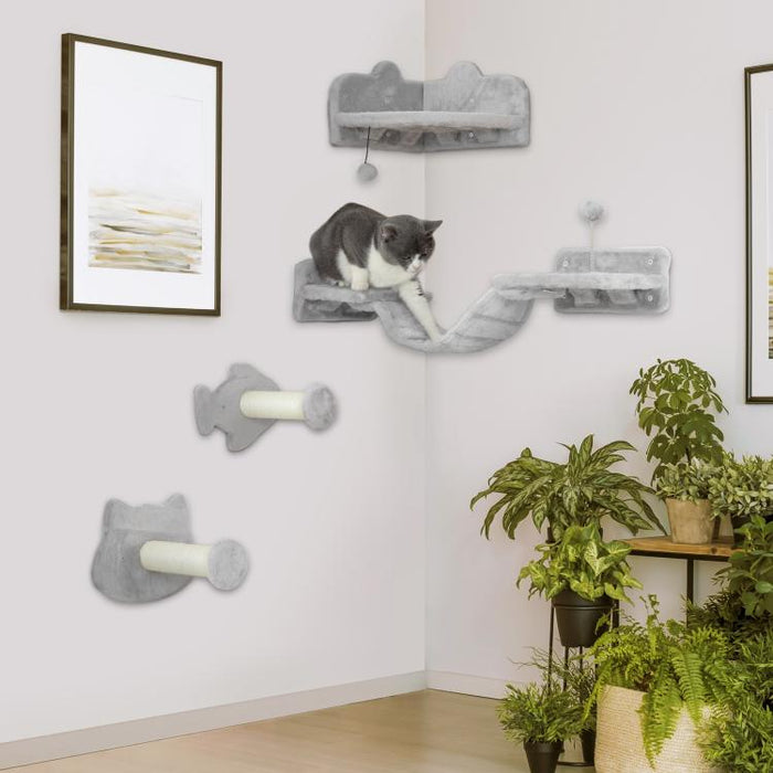 4-Piece Cat Wall Shelves with Steps, Ladder, Jumping Platforms, Light Grey