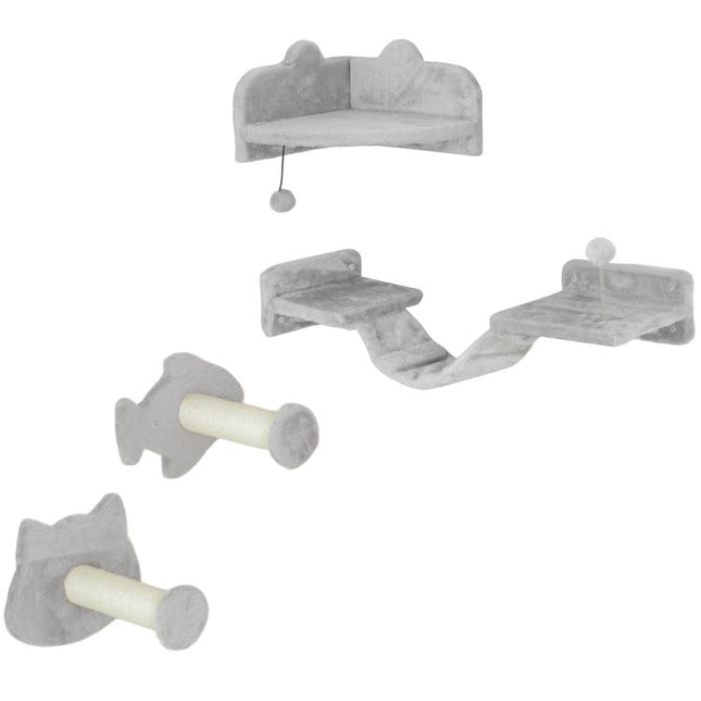 4-Piece Cat Wall Shelves with Steps, Ladder, Jumping Platforms, Light Grey