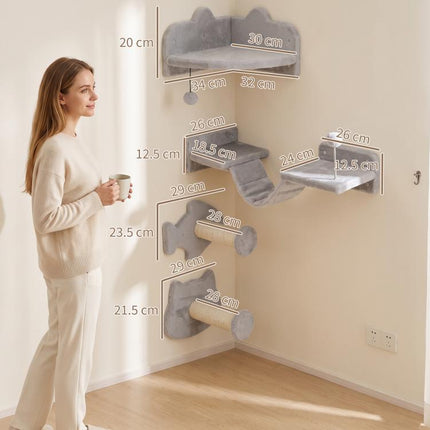 4-Piece Cat Wall Shelves with Steps, Ladder, Jumping Platforms, Light Grey
