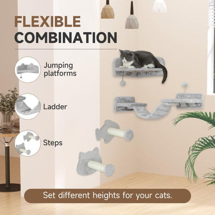 4-Piece Cat Wall Shelves with Steps, Ladder, Jumping Platforms, Light Grey