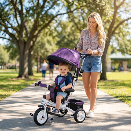 6 in 1 Trike Push Bike Canopy Safety Belt Storage Footrest Brake for 1-5 Years, Purple
