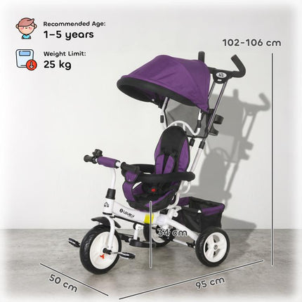 6 in 1 Trike Push Bike Canopy Safety Belt Storage Footrest Brake for 1-5 Years, Purple