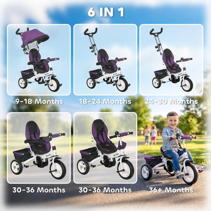 6 in 1 Trike Push Bike Canopy Safety Belt Storage Footrest Brake for 1-5 Years, Purple