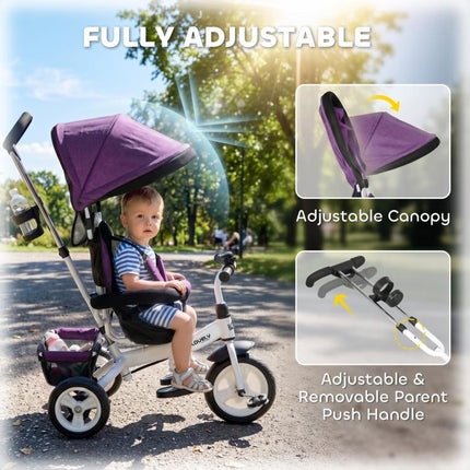 6 in 1 Trike Push Bike Canopy Safety Belt Storage Footrest Brake for 1-5 Years, Purple