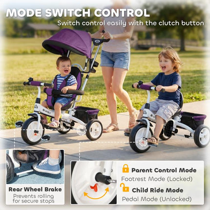 6 in 1 Trike Push Bike Canopy Safety Belt Storage Footrest Brake for 1-5 Years, Purple
