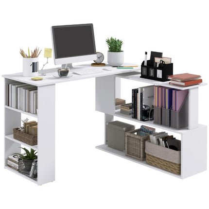 Corner Computer Desk, L Shaped Desk with 360° Rotating Bookshelf, 120L x 110W x 74.5H cm, White