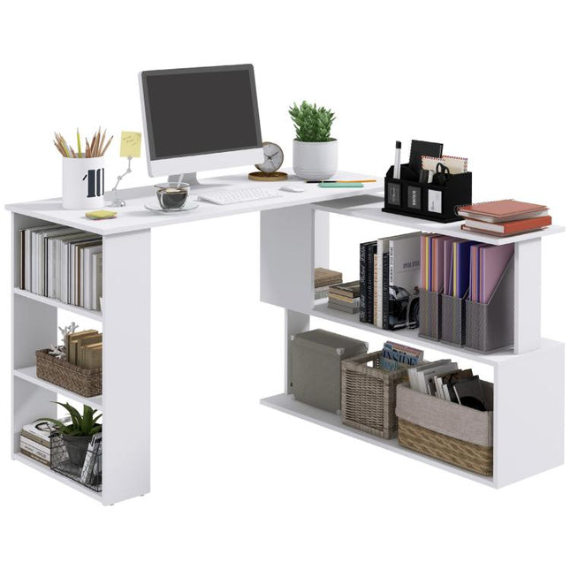 Corner Computer Desk, L Shaped Desk with 360° Rotating Bookshelf, 120L x 110W x 74.5H cm, White