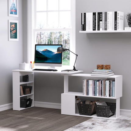 Corner Computer Desk, L Shaped Desk with 360° Rotating Bookshelf, 120L x 110W x 74.5H cm, White