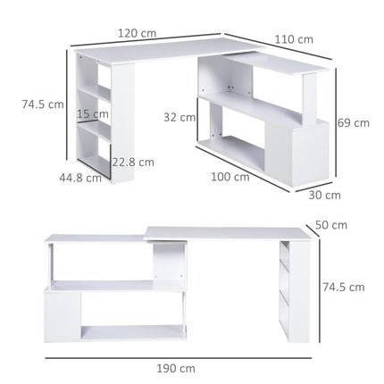 Corner Computer Desk, L Shaped Desk with 360° Rotating Bookshelf, 120L x 110W x 74.5H cm, White