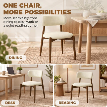 Dining Chairs Chenille Upholstered Kitchen Chairs Curved Backrest Rubberwood Legs Beige
