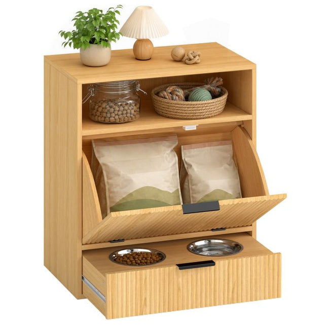 Pet Feeder Station with Storage, Dog Food Storage Container w/ 2 Raised Bowls, Tilt Out Cabinet, Slow Feeder Mat