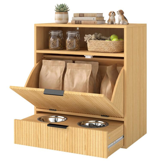 Pet Feeder Station with Storage, Dog Food Storage Container w/ 2 Raised Bowls, Tilt Out Cabinet, Slow Feeder Mat