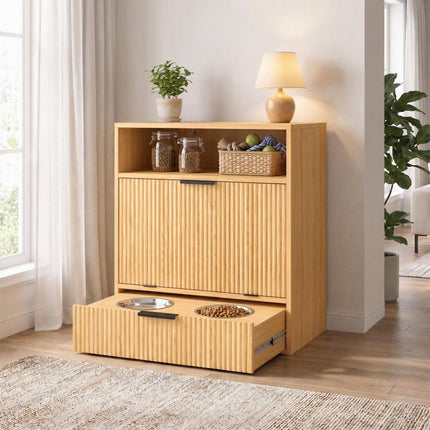 Pet Feeder Station with Storage, Dog Food Storage Container w/ 2 Raised Bowls, Tilt Out Cabinet, Slow Feeder Mat