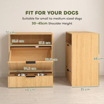 Pet Feeder Station with Storage, Dog Food Storage Container w/ 2 Raised Bowls, Tilt Out Cabinet, Slow Feeder Mat