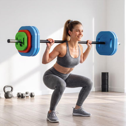 30 kg Adjustable Barbell Weights Set, Barbell Bar with Weight Plates, Non-slip Handle, Multicolour