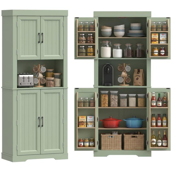 183 cm Tall Kitchen Cupboard, Kitchen Cabinet with Open Countertop, Door Racks and Adjustable Shelves, Sage Green