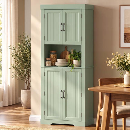 183 cm Tall Kitchen Cupboard, Kitchen Cabinet with Open Countertop, Door Racks and Adjustable Shelves, Sage Green
