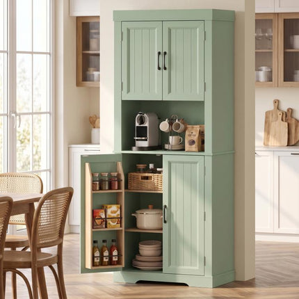 183 cm Tall Kitchen Cupboard, Kitchen Cabinet with Open Countertop, Door Racks and Adjustable Shelves, Sage Green