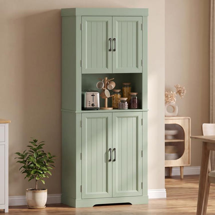 183 cm Tall Kitchen Cupboard, Kitchen Cabinet with Open Countertop, Door Racks and Adjustable Shelves, Sage Green