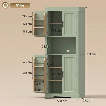 183 cm Tall Kitchen Cupboard, Kitchen Cabinet with Open Countertop, Door Racks and Adjustable Shelves, Sage Green