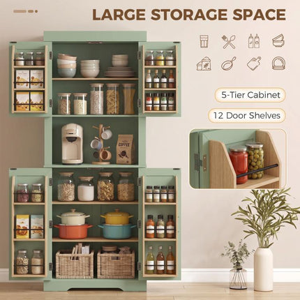 183 cm Tall Kitchen Cupboard, Kitchen Cabinet with Open Countertop, Door Racks and Adjustable Shelves, Sage Green