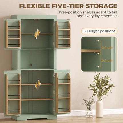 183 cm Tall Kitchen Cupboard, Kitchen Cabinet with Open Countertop, Door Racks and Adjustable Shelves, Sage Green