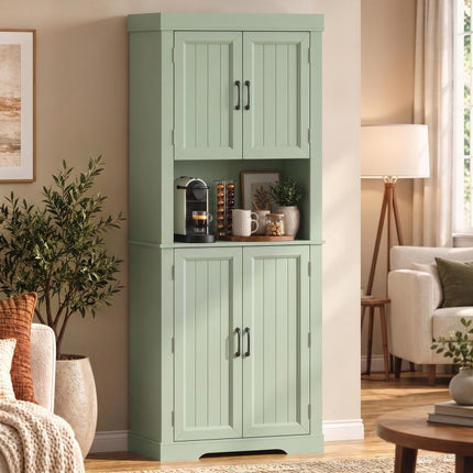 183 cm Tall Kitchen Cupboard, Kitchen Cabinet with Open Countertop, Door Racks and Adjustable Shelves, Sage Green