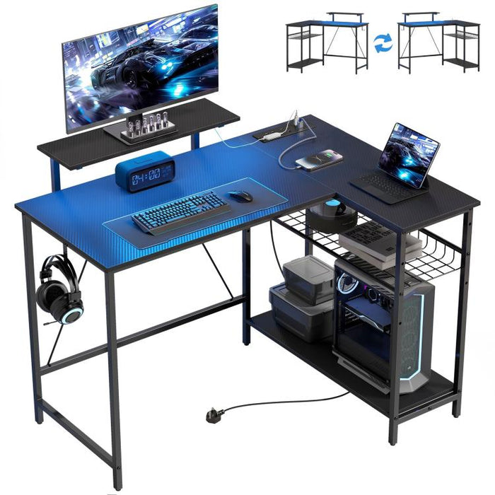 114.5 cm L-Shaped Gaming Desk, Computer Desk with LED Lights, Power Station and Adjustable Mesh Shelf , Black