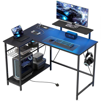 114.5 cm L-Shaped Gaming Desk, Computer Desk with LED Lights, Power Station and Adjustable Mesh Shelf , Black