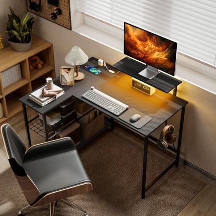 114.5 cm L-Shaped Gaming Desk, Computer Desk with LED Lights, Power Station and Adjustable Mesh Shelf , Black