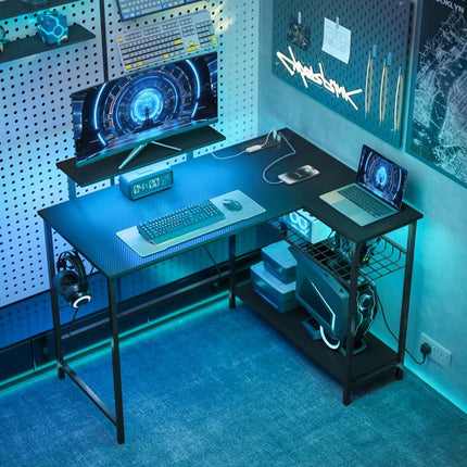 114.5 cm L-Shaped Gaming Desk, Computer Desk with LED Lights, Power Station and Adjustable Mesh Shelf , Black