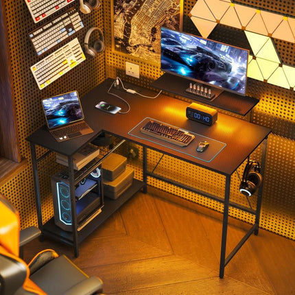 114.5 cm L-Shaped Gaming Desk, Computer Desk with LED Lights, Power Station and Adjustable Mesh Shelf , Black