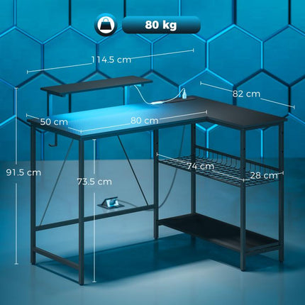 114.5 cm L-Shaped Gaming Desk, Computer Desk with LED Lights, Power Station and Adjustable Mesh Shelf , Black