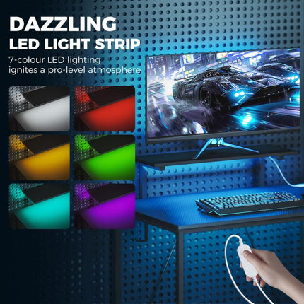 114.5 cm L-Shaped Gaming Desk, Computer Desk with LED Lights, Power Station and Adjustable Mesh Shelf , Black