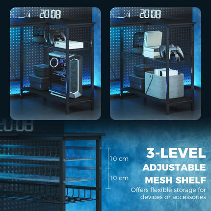 114.5 cm L-Shaped Gaming Desk, Computer Desk with LED Lights, Power Station and Adjustable Mesh Shelf , Black
