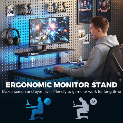 114.5 cm L-Shaped Gaming Desk, Computer Desk with LED Lights, Power Station and Adjustable Mesh Shelf , Black