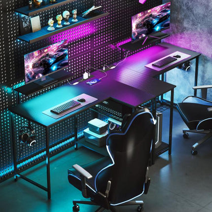 114.5 cm L-Shaped Gaming Desk, Computer Desk with LED Lights, Power Station and Adjustable Mesh Shelf , Black