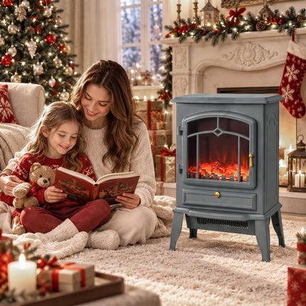 Electric Fireplace Stove Heater 1000W/2000W LED Flame Effect Thermostat Grey