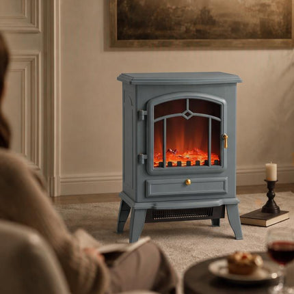 Electric Fireplace Stove Heater 1000W/2000W LED Flame Effect Thermostat Grey