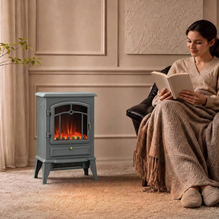 Electric Fireplace Stove Heater 1000W/2000W LED Flame Effect Thermostat Grey