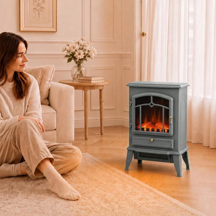 Electric Fireplace Stove Heater 1000W/2000W LED Flame Effect Thermostat Grey