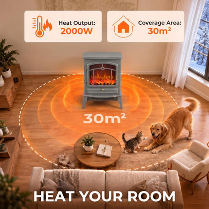 Electric Fireplace Stove Heater 1000W/2000W LED Flame Effect Thermostat Grey